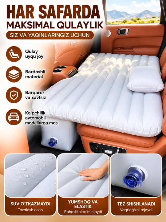 Avtomobil uchun havo matrasi, orqa o‘rindiq uchun, oq rang