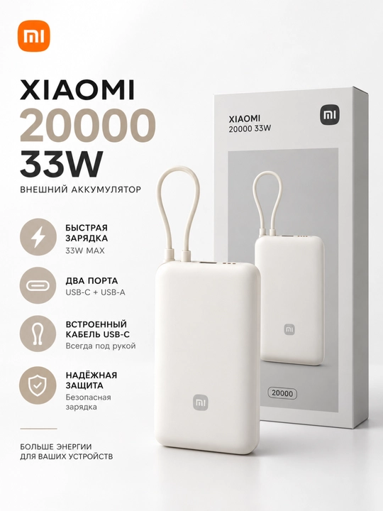 Xiaomi Power Bank 10 000 / 20 000 mA·soat 22.5W, Yangi model, Type-C,o‘rnatilgan kabel,CCC - 