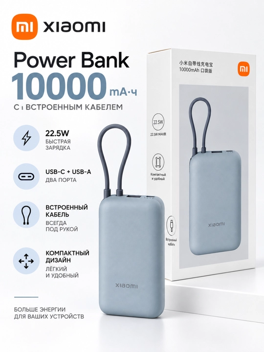 Xiaomi Power Bank 10 000 / 20 000 mA·soat 22.5W, Yangi model, Type-C,o‘rnatilgan kabel,CCC - 