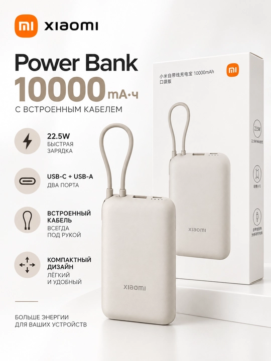 Xiaomi Power Bank 10 000 / 20 000 mA·soat 22.5W, Yangi model, Type-C,o‘rnatilgan kabel,CCC - 