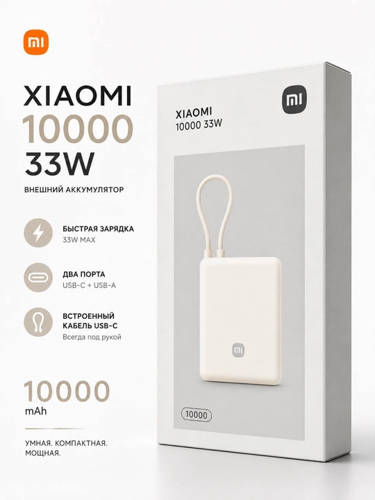 Xiaomi Power Bank 10 000 / 20 000 mA·soat 22.5W, Yangi model, Type-C,o‘rnatilgan kabel,CCC - 