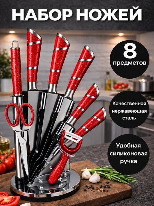 Набор кухонных ножей на вращающейся подставке с аксессуарами,нержавеющая сталь - 