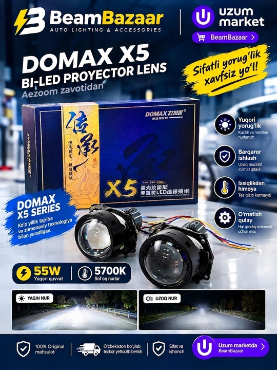 Bi-LED модули Aozoom K7 (3.0 дюйма, 55W/82W, 5500K) — линзы ближнего и дальнего света - 