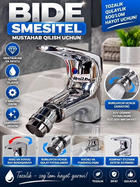 Bidet smesitel, gigiyenik kran, unitaz uchun kran, purkagichli smesitel, xrom kran - 