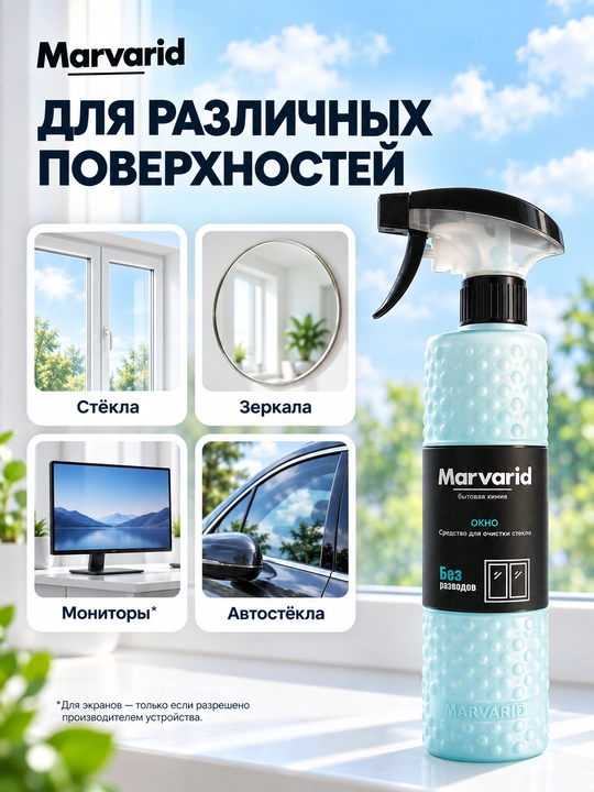 Средство для мытья стекол и окон Marvarid, очиститель для зеркал и автостёкол без разводов