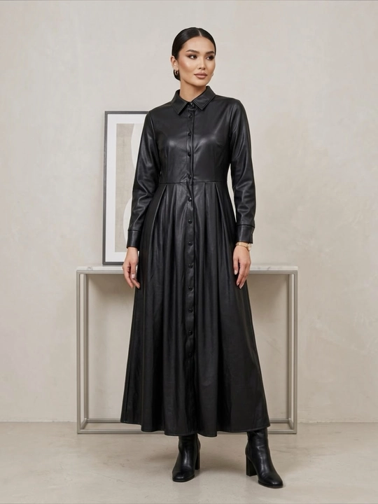 Ayollar kuzgi ko'ylagi, tugmali uzun charm koʻylak (Shirt Dress) - 