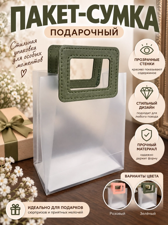 Подарочный пакет-сумка с прозрачными стенками и контрастными ручками для красивой упаковки - 