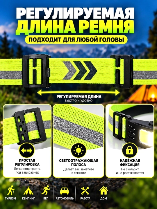 Akkumulyatorli COB LED bosh fonari, 5 xil yoritish rejimi, sensorli boshqaruv, Type-C