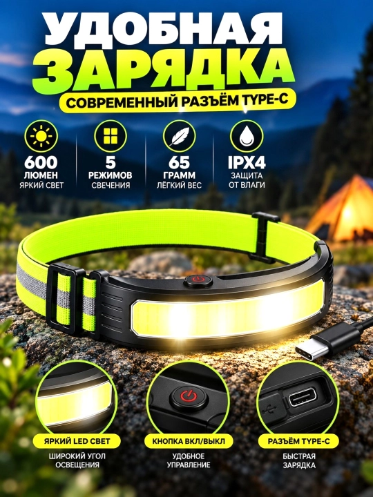 Akkumulyatorli COB LED bosh fonari, 5 xil yoritish rejimi, sensorli boshqaruv, Type-C