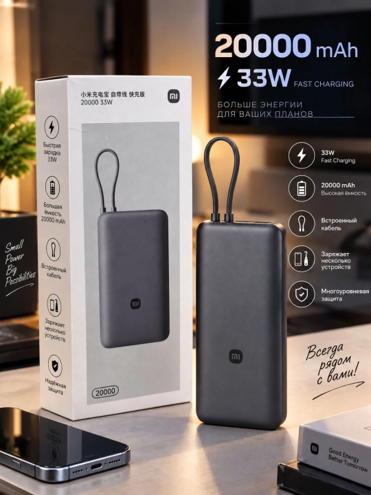 Powerbank 20000 mAh, 33W tezkor zaryadlash, o‘rnatilgan Type-C kabel bilan - 