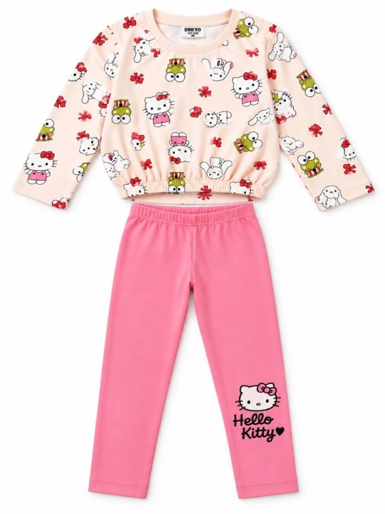 Комплект одежды для девочек из 100% хлопка топ и брюки с принтами Hello Kitty и единорогом