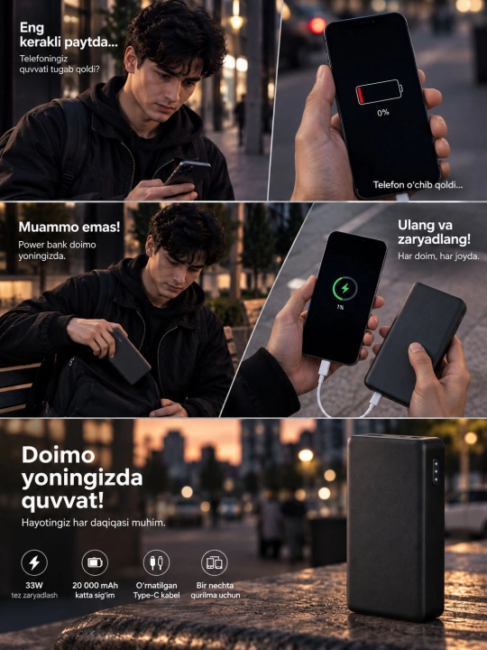 Повербанк 10000 мАч, быстрая зарядка 2.4A, Type-C и USB-A, портативный аккумулятор