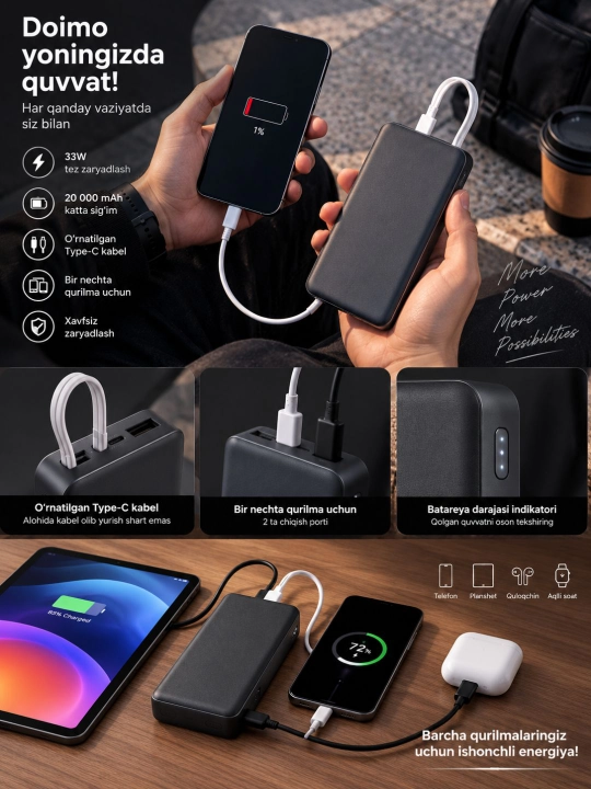 Повербанк 10000 мАч, быстрая зарядка 2.4A, Type-C и USB-A, портативный аккумулятор