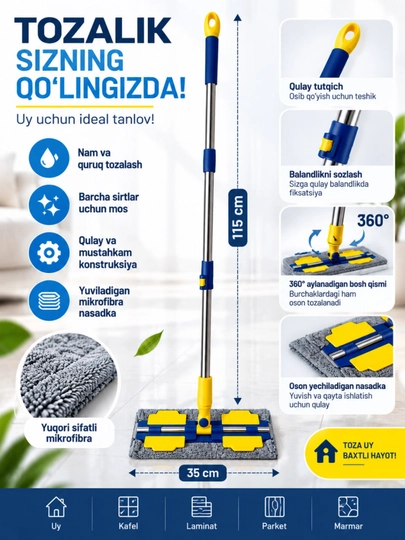 Mikrofibra nasadkali teleskopik shvabra, 360 daraja aylanadigan tozalash moslamasi - 