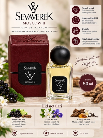 Sevaverek Moscow II, uniseks parfyum suvi, 50 ml, sharqona-yog‘ochli hid, erkak va ayollar - 