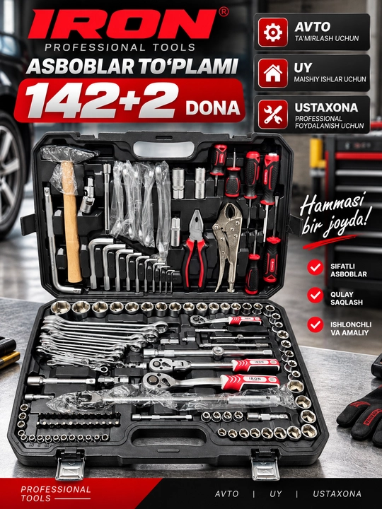Набор инструментов для автомобиля IRON 144 предмета (142+2 pcs) в чемодане, Cr-V - 