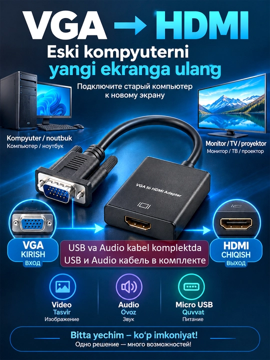 VGA-HDMI адаптер 1080P с аудио: подключите ПК к ТВ и проектору