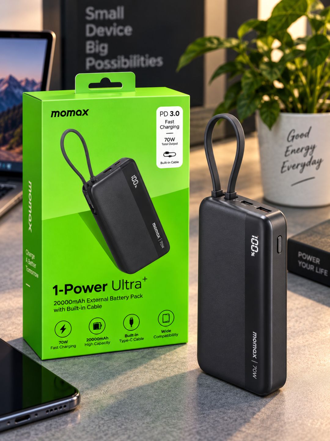 Powerbank 20000 mAh, 70W tezkor zaryadlash o‘rnatilgan Type-C kabelli, raqamli indikatorli - 