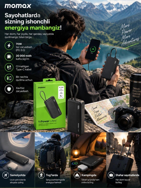 Повербанк 20000 мАч, быстрая зарядка 70W, встроенный кабель Type-C, цифровой индикатор