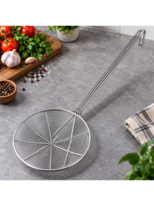 Uzun dastali metall kapgir-suzgich, diametri 22,5 sm, uzunligi 40 sm, qalin va mustahkam