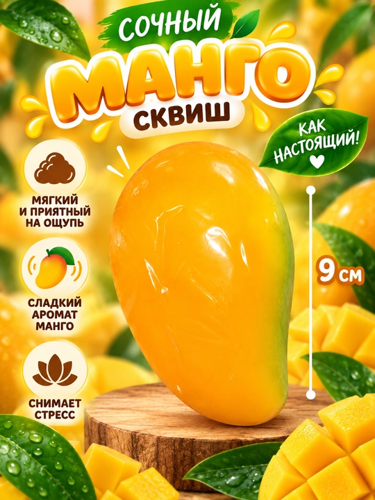 Skvish mevalar va rezavorlar, yumshoq, shirin aromatli, mango, qulupnay, antistress, 9 sm - 