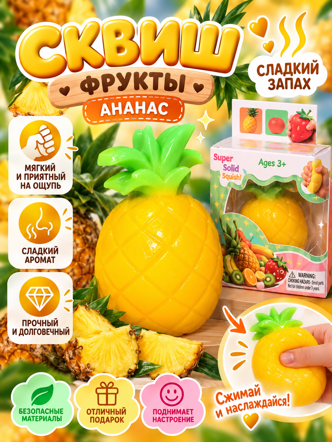 Сквиш фрукты и ягоды, мягкий с сладким ароматом, манго, клубника, паук, антистресс, 9 см - 