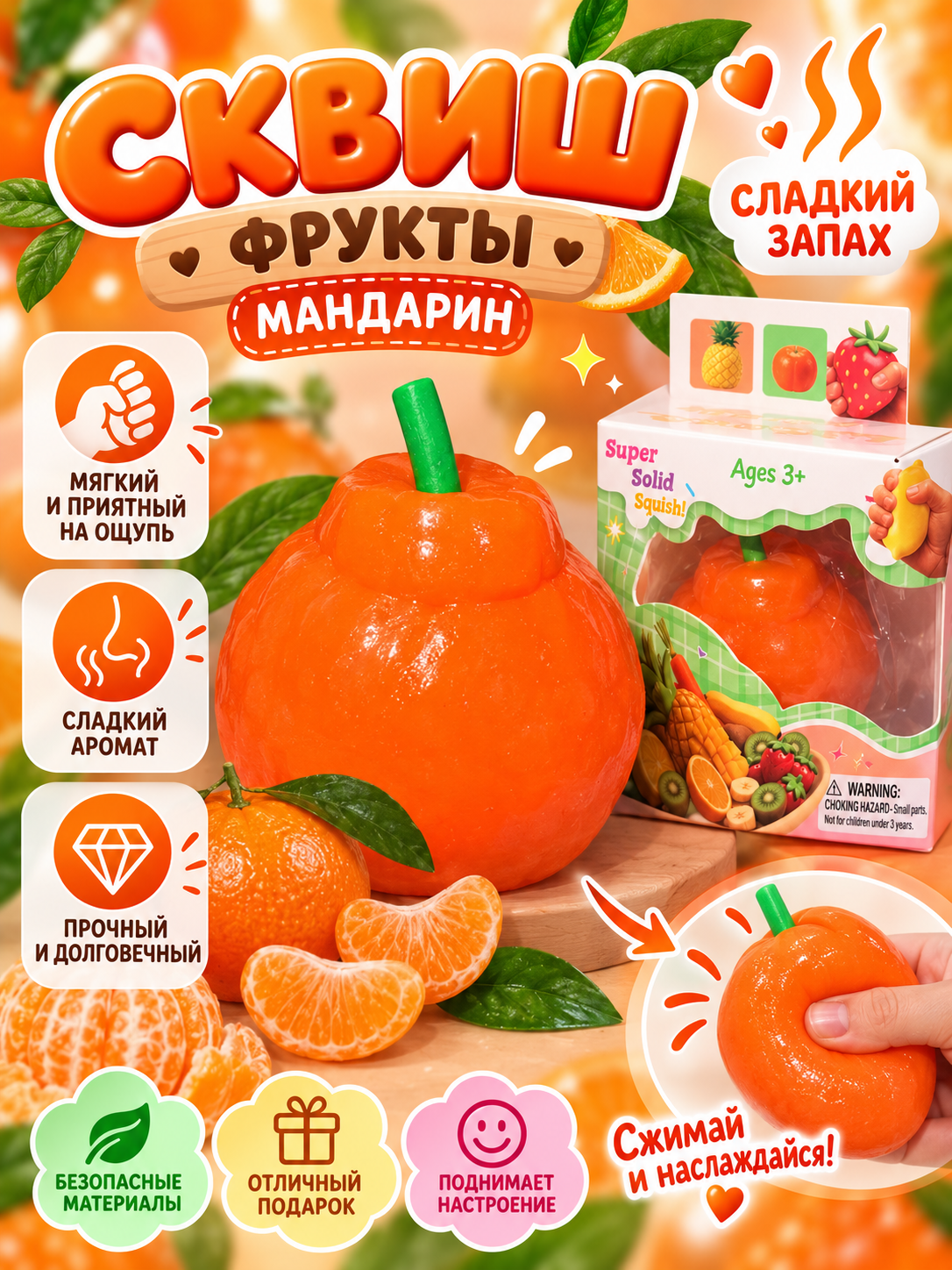Сквиш фрукты и ягоды, мягкий с сладким ароматом, манго, клубника, паук, антистресс, 9 см - 