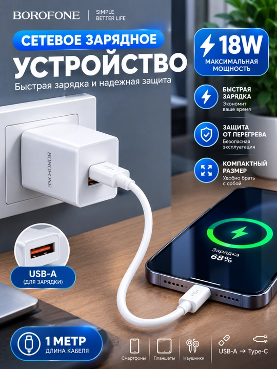 Сетевое зарядное устройство BOROFONE BA21A, с кабелем Micro USB, быстрая зарядка