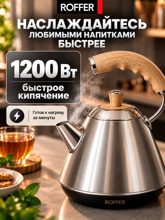 ROFFER RFK-K21 elektr choynak, 1 l, 1200 Vt, 304 zanglamaydigan po‘lat