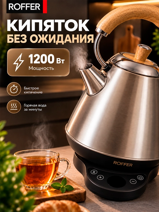 ROFFER RFK-K21D elektr choynak, 1 l, 1200 Vt, 304 zanglamaydigan po‘lat