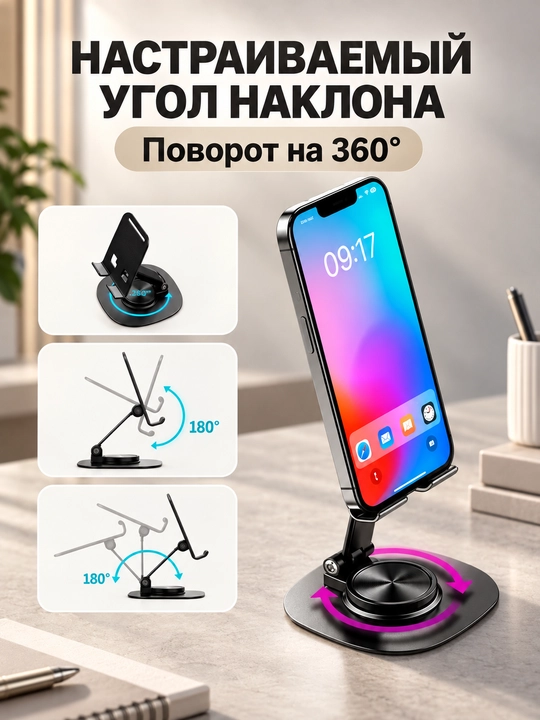 Складная подставка для телефона и планшета, металл, поворот 360° - 