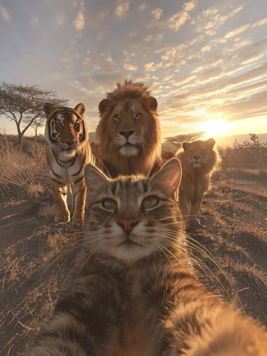 Oltin hoshiyali devoriy va stollik foto ramka "Selfi tushayotgan mushuk va sherlar"