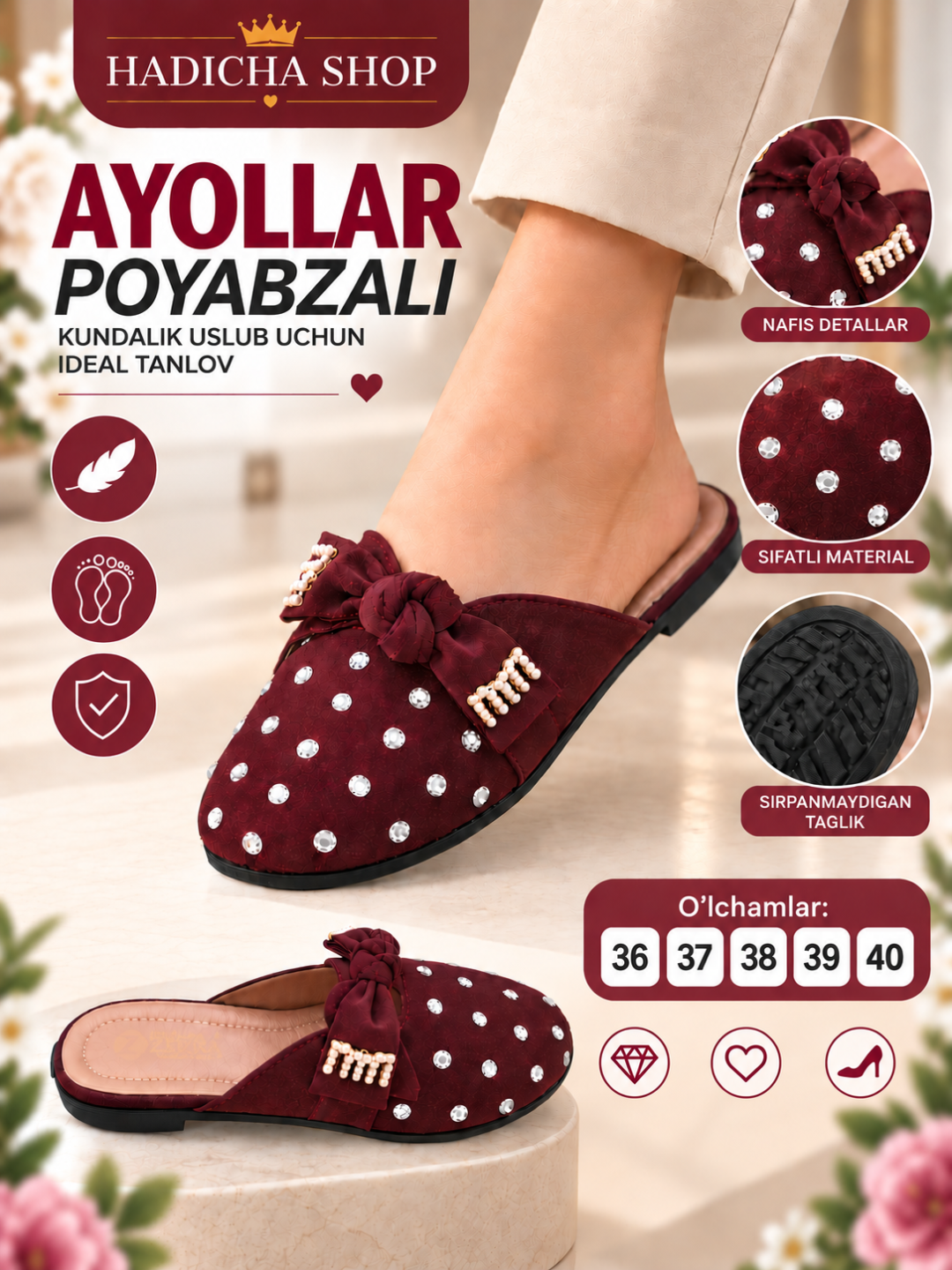Ayollar kuzgi shippaklari, ayollar shippaklari, bordo rangli shippaklar, bezakli shippaklr - 