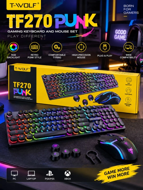 T-WOLF TF270 PUNK RGB yoritgichli gaming klaviatura va sichqoncha to‘plami