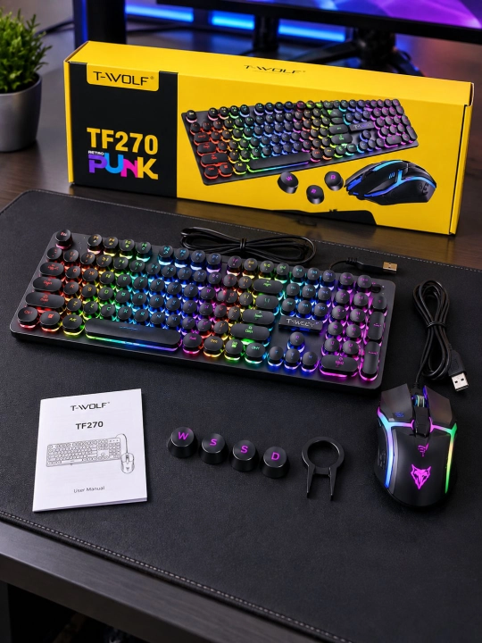 T-WOLF TF270 PUNK RGB yoritgichli gaming klaviatura va sichqoncha to‘plami - 