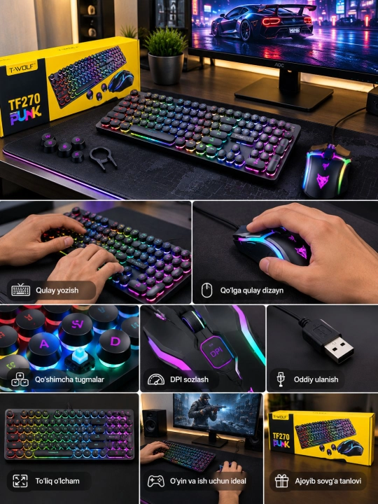 T-WOLF TF270 PUNK RGB yoritgichli gaming klaviatura va sichqoncha to‘plami