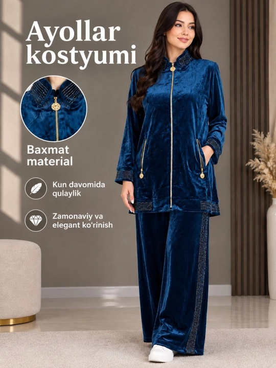 Ayollar uchun hashamatli baxmal kostyum — nafis dizayn, qulaylik va zamonaviy uslub