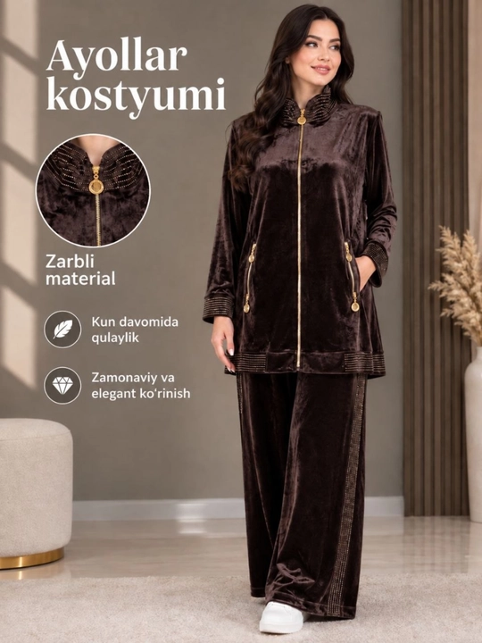 Ayollar uchun hashamatli baxmal kostyum — nafis dizayn, qulaylik va zamonaviy uslub