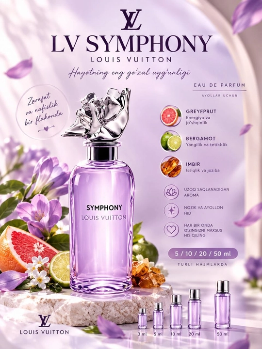 Atir ayollar va erkaklar uchun Louis Vuitton Symphony, uniseks, 5 ml, 10 ml, 20 ml, 30 ml - 