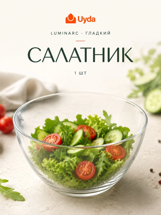 Салатник Luminarc Гладкий 19 см, стеклянная миска для салатов и сервировки - 