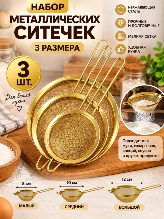 Набор ситечек из нержавеющей стали, золотистый цвет, 3 шт - 
