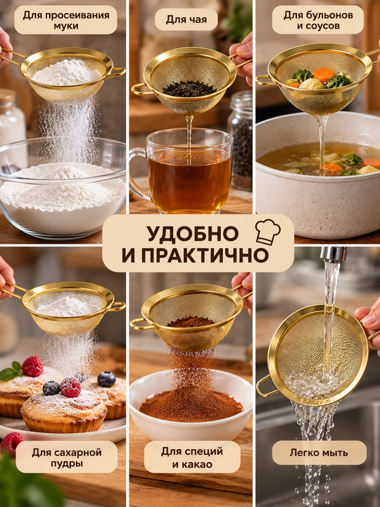 Набор ситечек из нержавеющей стали, золотистый цвет, 3 шт