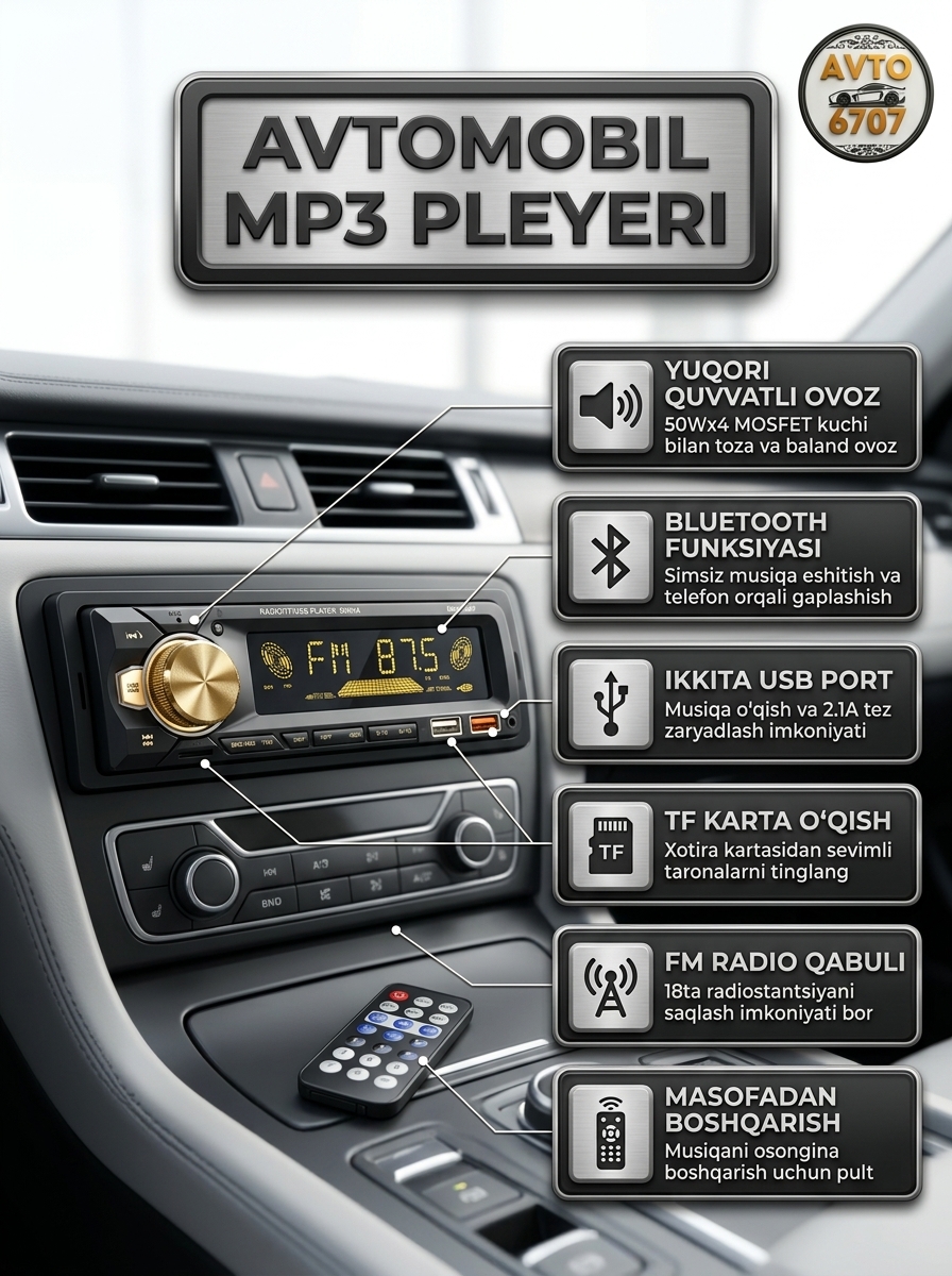 Автомагнитола DEH-6502, Bluetooth, 2 порта USB, мощность 50Wx4