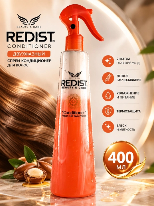 Несмываемый спрей-кондиционер для волос REDIST, двухфазный, 400 мл, термозащита и уход - 