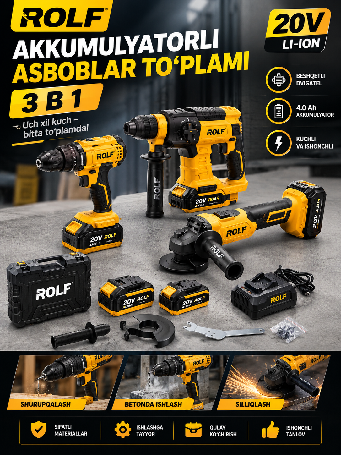 ROLF 3 ta 1 akkumulyatorli asboblar to‘plami 20V, drel, perforator, bolgarka, keys - 