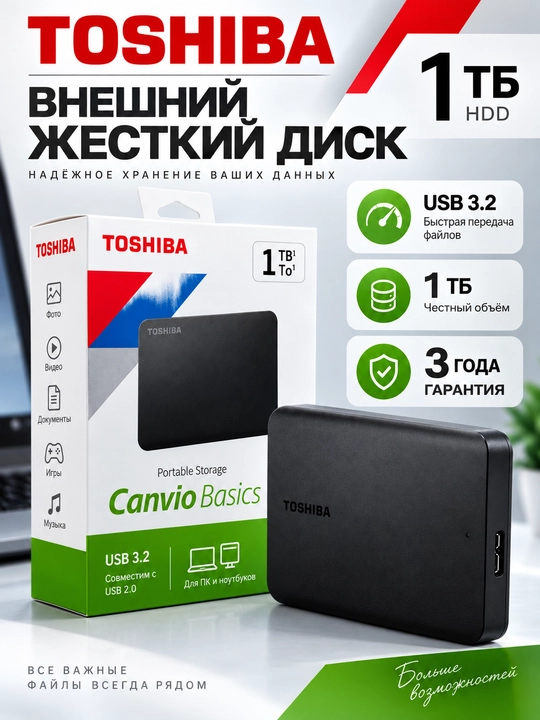 Toshiba Canvio Basics 1TB – надёжный и быстрый внешний жёсткий диск - 