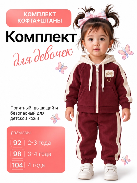 Qizaloqlar uchun velur sport komplekti, zamokli hudi va shim, zamonaviy kostyum