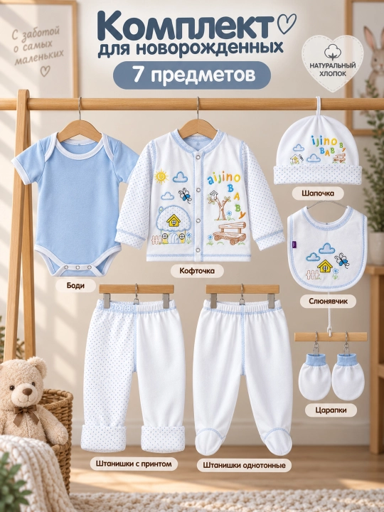 Комплект одежды для новорождённых, 7 предметов, 3–6 месяцев
