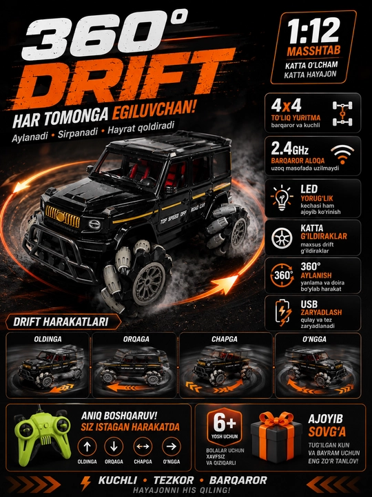 Stunt Car RC boshqaruvli mashina, 360° drift, qo‘l harakati bilan boshqaruv