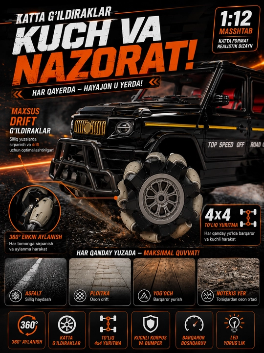 Stunt Car RC boshqaruvli mashina, 360° drift, qo‘l harakati bilan boshqaruv